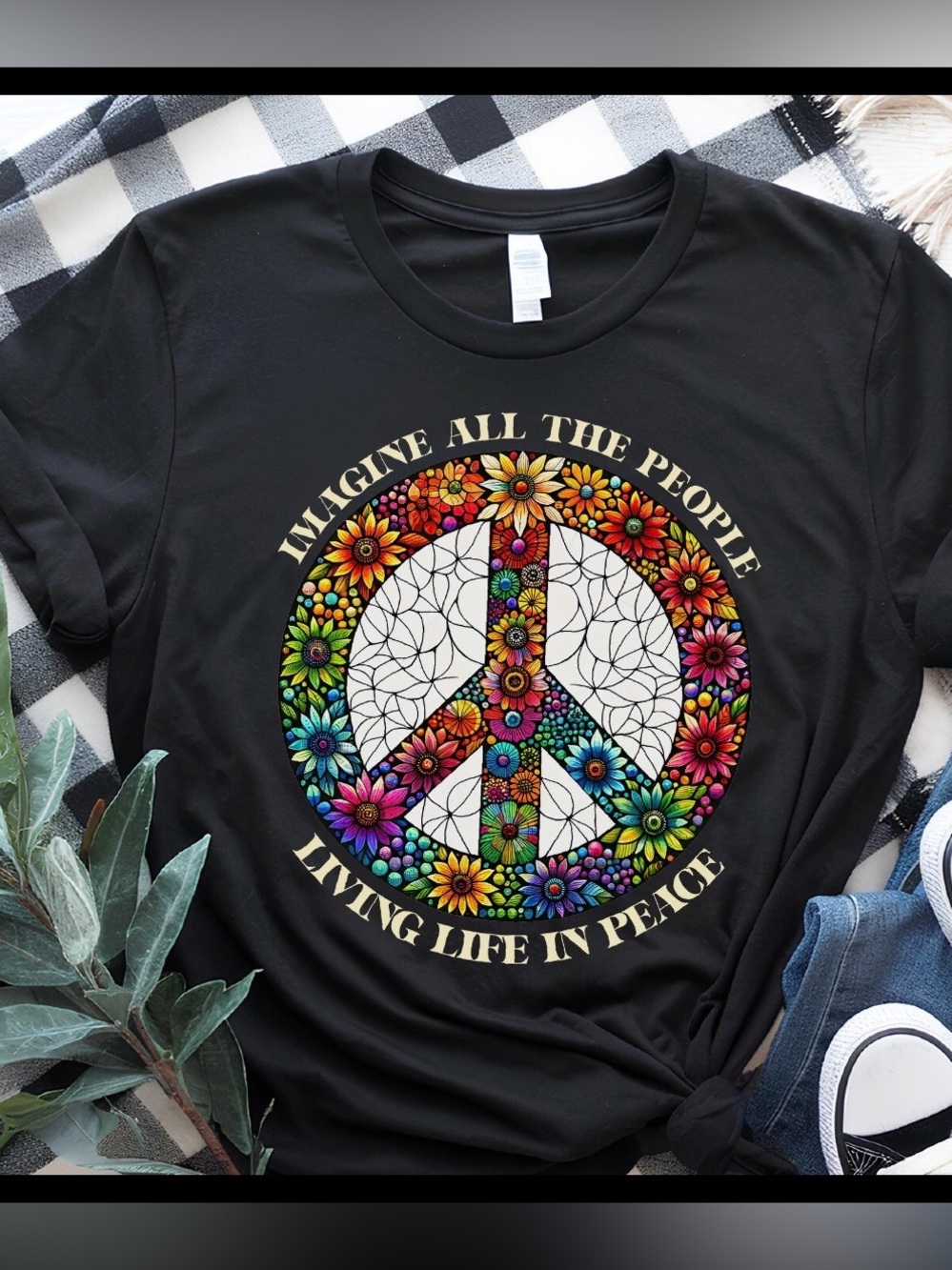 Imagine All The People Floral Peace Sign Graphic Tee Charcoal Gray XL